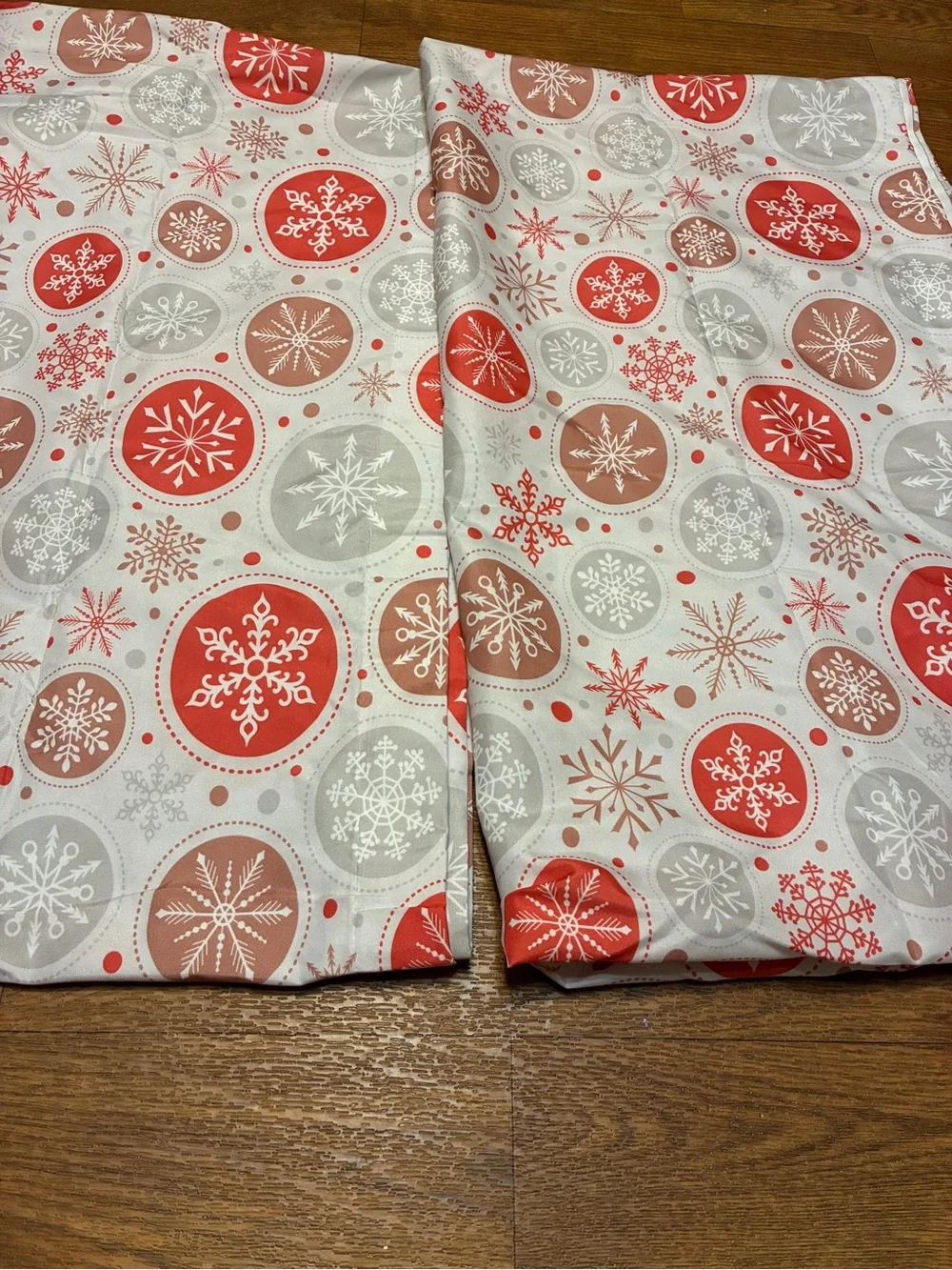 Holiday Snowflake Curtains Panel Set in Red, Tan, and Gray on White 1 Pair